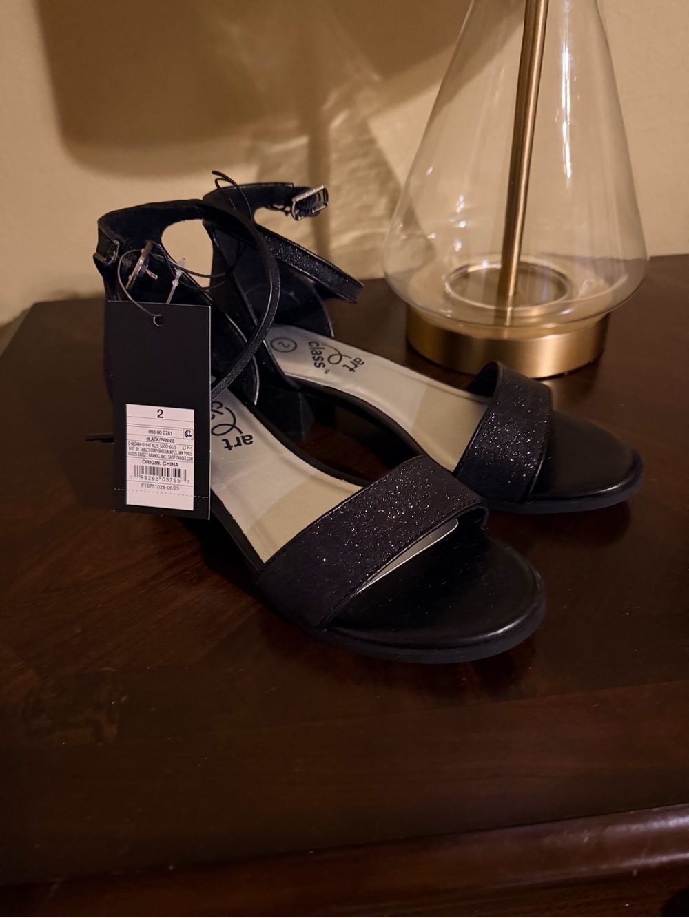 Girls Size 2 Glitter Ankle-Strap Open-Toe Sandals — Black Dress Heels
